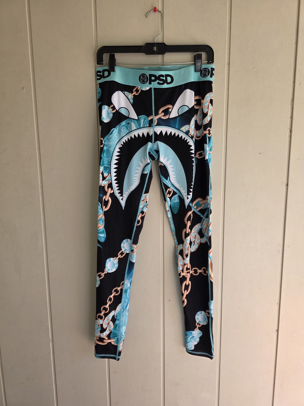 PSD Black & Aqua Shark Chain Print Leggings Large Womens